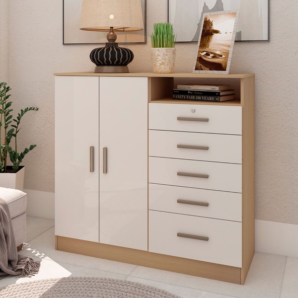 Cômoda Guatemala 2 Portas 5 Gavetas Freijó/Off White Laca - Genialflex