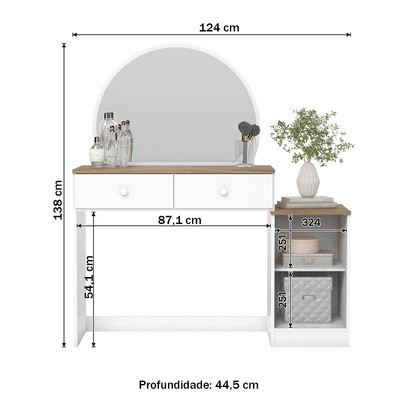 Penteadeira Agnes 1 Porta 2 Gavetas com Espelho Branco/Jequitibá Hp - Henn