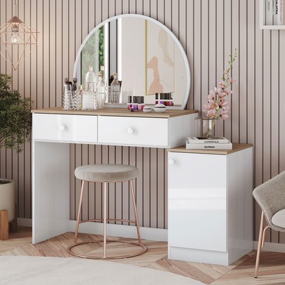 Penteadeira Agnes 1 Porta 2 Gavetas com Espelho Branco/Jequitibá Hp - Henn