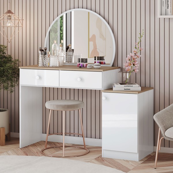 Penteadeira Agnes 1 Porta 2 Gavetas com Espelho Branco/Jequitibá Hp - Henn