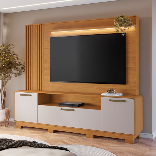 Estante para TV Até 65 Polegadas Apego Candian 3 Portas com Led Cinamomo/Off White - Jcm Móveis