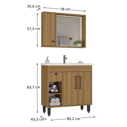 Armário de Banheiro Patina 3 Portas 1 Gaveta com Cuba Mel - Ozini Móveis