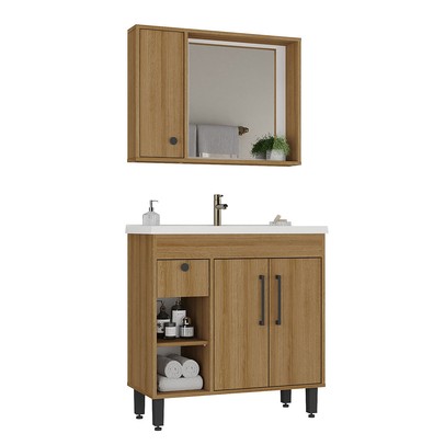 Armário de Banheiro Patina 3 Portas 1 Gaveta com Cuba Mel - Ozini Móveis