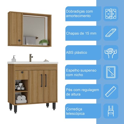 Armário de Banheiro Patina 3 Portas 1 Gaveta com Cuba Mel - Ozini Móveis