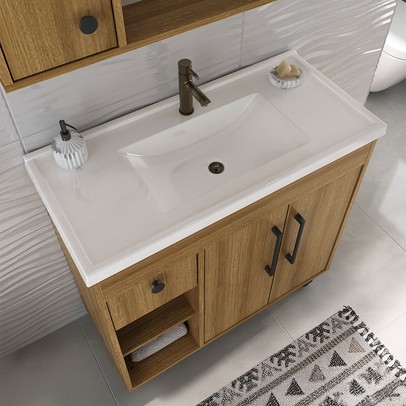 Armário de Banheiro Patina 3 Portas 1 Gaveta com Cuba Mel - Ozini Móveis