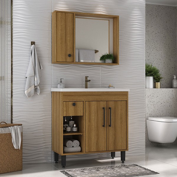 Armário de Banheiro Patina 3 Portas 1 Gaveta com Cuba Mel - Ozini Móveis