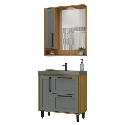 Armário de Banheiro Milão 3 Portas 1 Gaveta com Cuba Mel/Grafite - Ozini Móveis