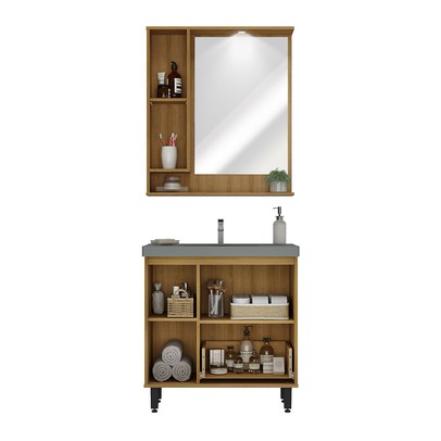 Armário de Banheiro Milão 3 Portas 1 Gaveta com Cuba Mel/Grafite - Ozini Móveis