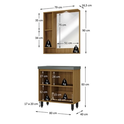 Armário de Banheiro Milão 3 Portas 1 Gaveta com Cuba Mel/Grafite - Ozini Móveis