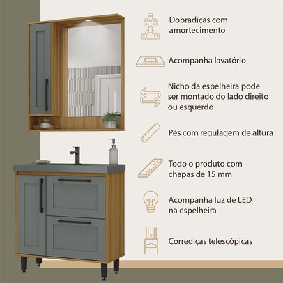 Armário de Banheiro Milão 3 Portas 1 Gaveta com Cuba Mel/Grafite - Ozini Móveis