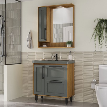 Armário de Banheiro Milão 3 Portas 1 Gaveta com Cuba Mel/Grafite - Ozini Móveis