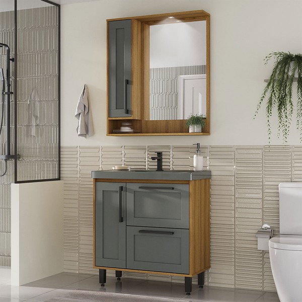 Armário de Banheiro Milão 3 Portas 1 Gaveta com Cuba Mel/Grafite - Ozini Móveis