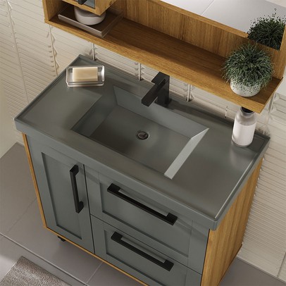 Armário de Banheiro Milão 3 Portas 1 Gaveta com Cuba Mel/Grafite - Ozini Móveis