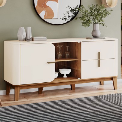 Balcão Buffet Rael 2 Portas 2 Gavetas com Vidro Off White/Nature - Henn