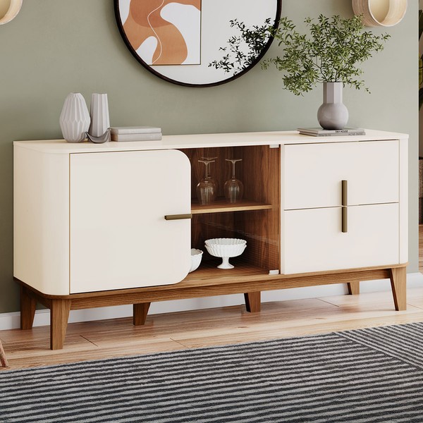 Balcão Buffet Rael 2 Portas 2 Gavetas com Vidro Off White/Nature - Henn