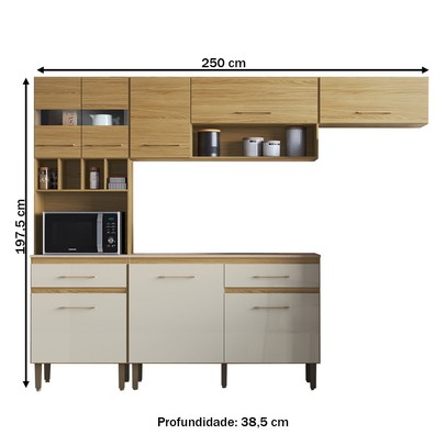 Cozinha Completa Santiago 8 Portas 2 Gavetas com Vidro Ipê/Cristalo/Petra - Decibal