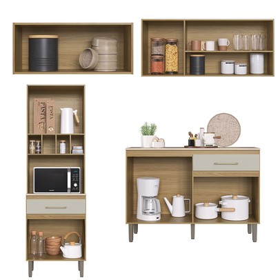 Cozinha Completa Santiago 8 Portas 2 Gavetas com Vidro Ipê/Cristalo/Petra - Decibal