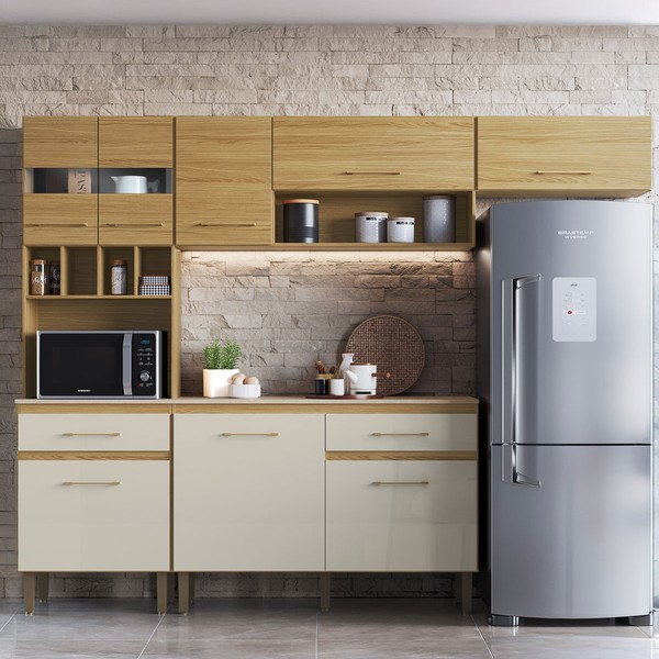 Cozinha Completa Santiago 8 Portas 2 Gavetas com Vidro Ipê/Cristalo/Petra - Decibal