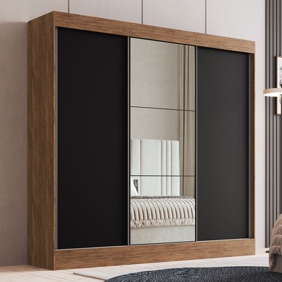 Guarda-Roupa Casal Michigan 3 Portas 4 Gavetas 100% Mdf com Espelho Castanho/Preto - Doripel Móveis