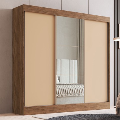 Guarda-Roupa Casal Michigan 3 Portas 4 Gavetas 100% Mdf com Espelho Castanho/Nude - Doripel Móveis