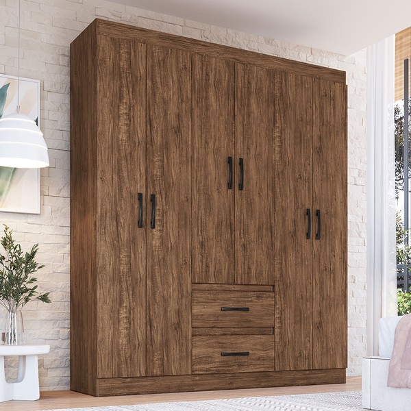 Guarda-Roupa Solteiro Texas 6 Portas 2 Gavetas Castanho - Doripel Móveis