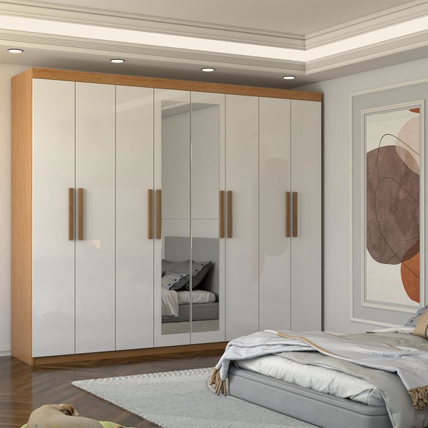 Guarda-Roupa Casal Nirvana Plus 8 Portas 4 gavetas com Espelho Cinamomo/Branco - Panorama Móveis