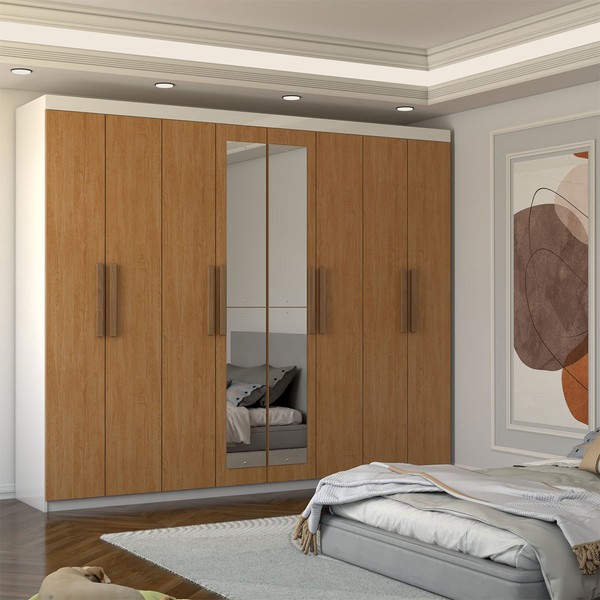 Guarda-Roupa Casal Nirvana Plus 8 Portas 4 gavetas com Espelho Branco/Cinamomo - Panorama Móveis