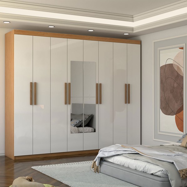 Guarda-Roupa Casal Nirvana 8 Portas 4 gavetas com Espelho Cinamomo/Branco - Panorama Móveis