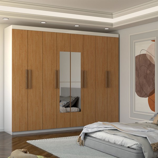 Guarda-Roupa Casal Nirvana 8 Portas 4 gavetas com Espelho Branco/Cinamomo - Panorama Móveis