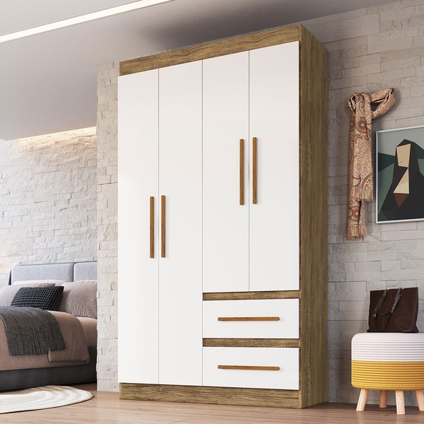 Guarda-Roupa Solteiro Palermo 4 Portas 2 Gavetas 100% Mdf Off White/Nogueira - Doripel Móveis