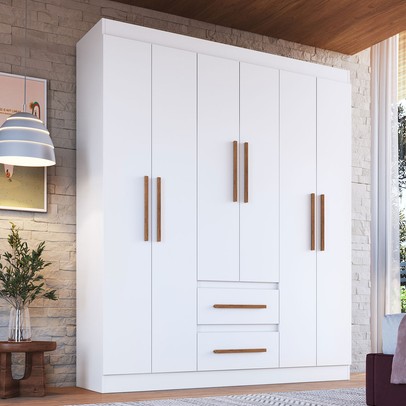 Guarda-Roupa Solteiro Napoli 6 Portas 2 Gavetas 100% Mdf Branco - Doripel Móveis