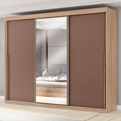 Guarda-Roupa Casal Senna 3 Portas 6 Gavetas com Espelho Cappuccino/Terracota - Maxel