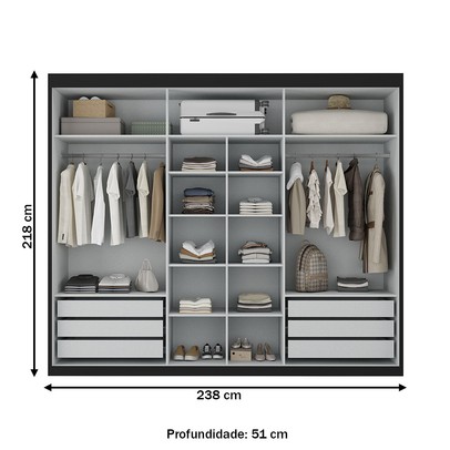 Guarda-Roupa Casal Senna 3 Portas 6 Gavetas com Espelho Preto - Maxel
