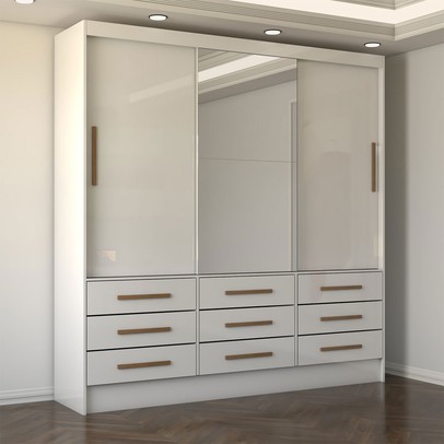 Guarda-Roupa Casal Taylor Plus 3 Portas 9 Gavetas com Espelho Branco - Panorama Móveis