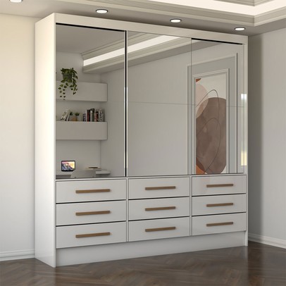 Guarda-Roupa Casal Taylor Premium 3 Portas 9 Gavetas com Espelho Branco - Panorama Móveis