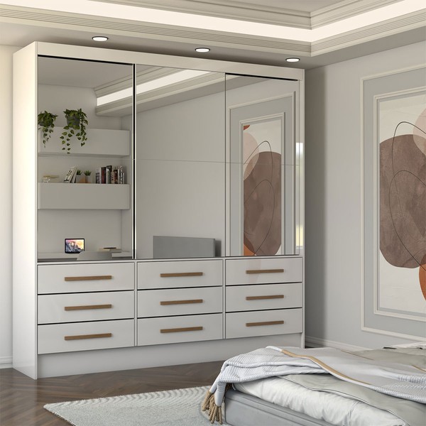 Guarda-Roupa Casal Taylor Premium 3 Portas 9 Gavetas com Espelho Branco - Panorama Móveis