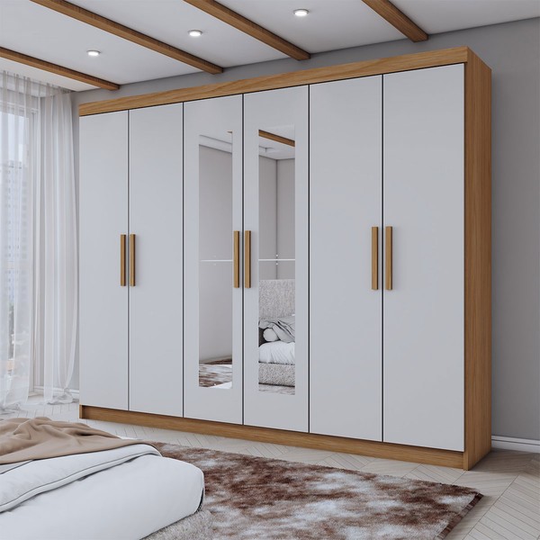 Guarda-Roupa Casal Aurora 6 Portas 2 Gavetas com Espelho Marrocos/Off White - Panorama Móveis