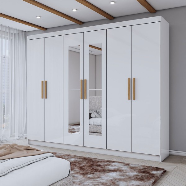Guarda-Roupa Casal Aurora 6 Portas 2 Gavetas com Espelho Branco Neve - Panorama Móveis