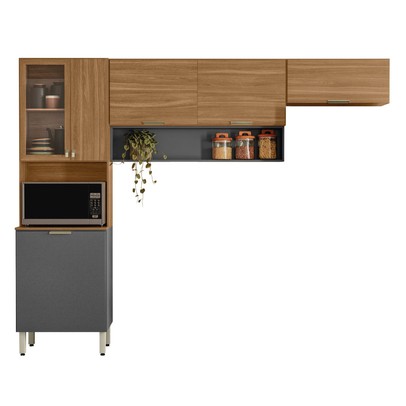 Cozinha Compacta Alba 6 Portas com Vidro Amêndola/Grafito Prime Tx - Demóbile