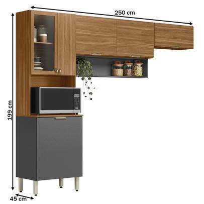 Cozinha Compacta Alba 6 Portas com Vidro Amêndola/Grafito Prime Tx - Demóbile