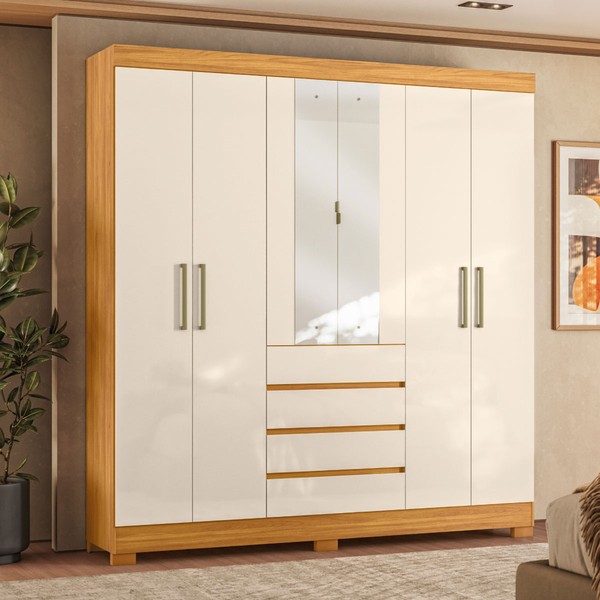 Guarda-Roupa Casal ópera 6 Portas 4 Gavetas com Espelho Cinamon/Off White - Demóbile