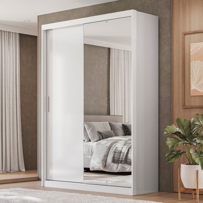 Guarda-Roupa Solteiro Riva 2 Portas 4 Gavetas com Espelho 100% Mdf Branco/Amêndola - Demóbile