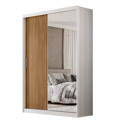 Guarda-Roupa Solteiro Riva 2 Portas 4 Gavetas com Espelho 100% Mdf Branco/Amêndola - Demóbile