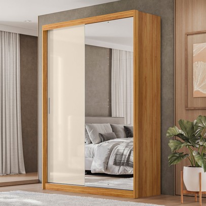 Guarda-Roupa Solteiro Riva 2 Portas 4 Gavetas com Espelho 100% Mdf Cinamomo/Off White - Demóbile