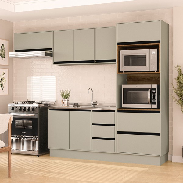 Cozinha Completa Koya 8 Portas 4 Gavetas Branco/Verde Oliva - Politorno