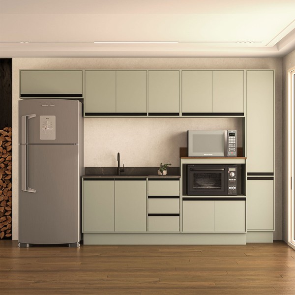 Cozinha Completa Koya 12 Portas 3 Gavetas Branco/Verde Oliva - Politorno