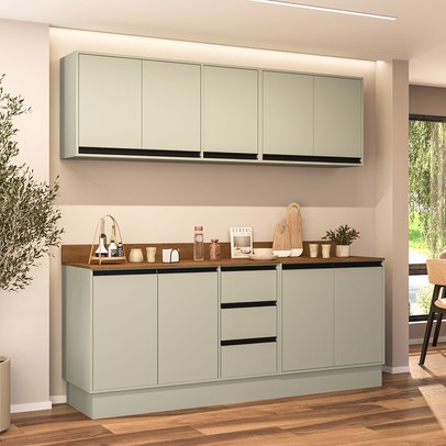 Cozinha Completa Koya 9 Portas 3 Gavetas Branco/Verde Oliva - Politorno