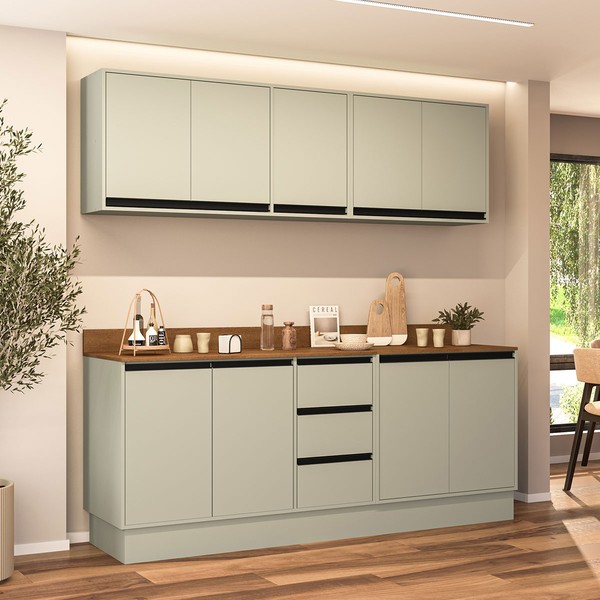Cozinha Completa Koya 9 Portas 3 Gavetas Branco/Verde Oliva - Politorno