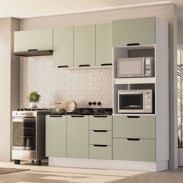 Cozinha Completa Meena 8 Portas 4 Gavetas 40250058 Branco/Verde Oliva - Politorno