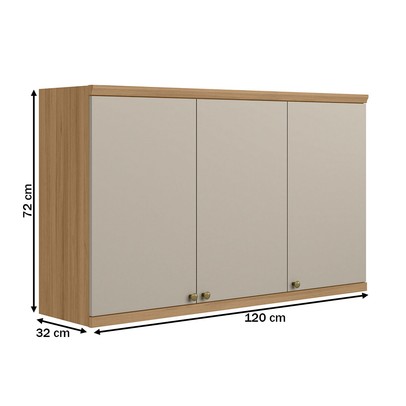 Armário Aéreo Cozinha 120 Cm Selene 3 Portas 100% Mdf Jequitibá/Off White Fosco - Linea Brasil